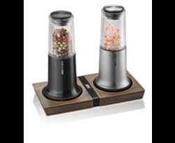 GEFU Salt and Pepper Mill Set X-PLOSION Set of 2 with Menage, Ceramic Grinder Grinder, Wooden Coaster, Black GEFU Salt and Pepper Mill Set X-PLOSION Set of 2 with Menage, Ceramic Grinder Grinder, Wooden Coaster, Black