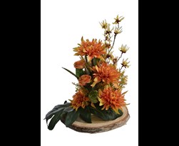 pure royal dahlia/rose bud arrangement on wood slice orange